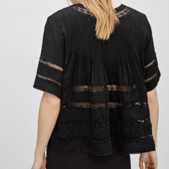 Aritzia Wilfred Beaudry Top XS Black Pintuck Pleated Crochet Peasant Blouse Chic - Picture 11 of 11